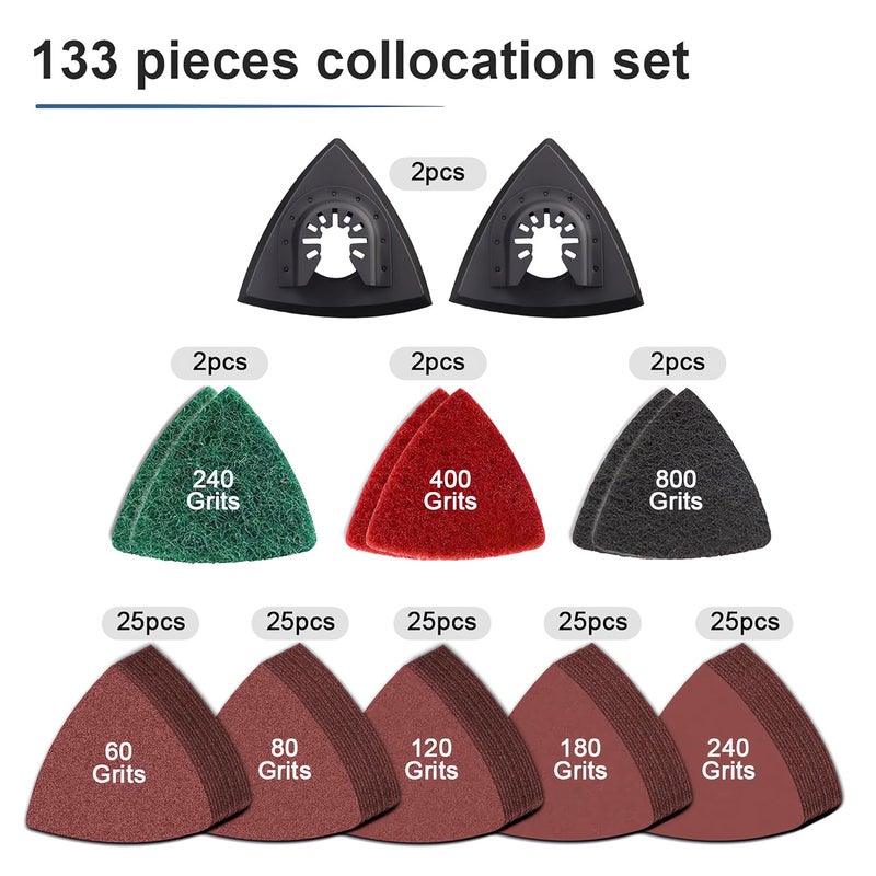 VRKET 133PCS Oscillating Tool Sanding Pads Kit,125 Sandpaper, 2 Triangular Sanding Pads and 6 Triangular Scrubbing Pads for Surface Sanding,Mechanical Maintenance Cleaning,Polishing,Deburring - Image 2